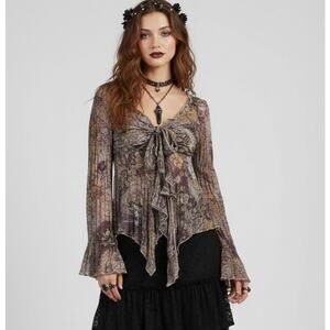 Violet & Claire Whimsigoth Top Tie Front Bell Sleeve Fairy Grunge Asymmetric M